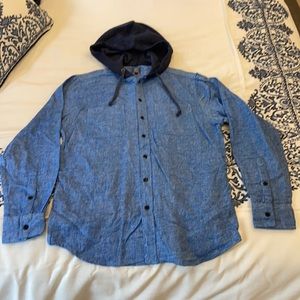 Denim Colored Flannel Button-down Hoodie Size Med